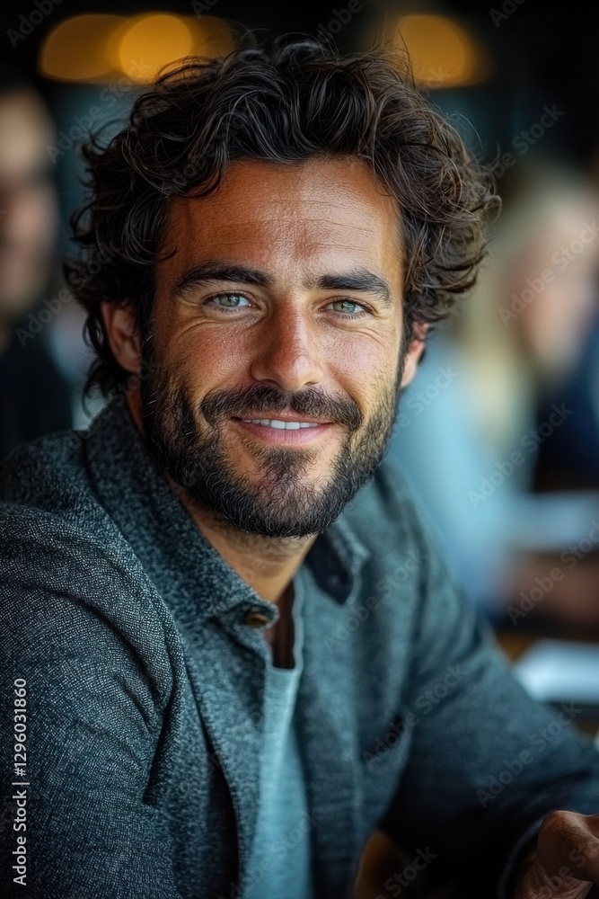 Smiling businessman sitting in an office environment displaying a confident demeanor Smiling businessman sitting in an office environment displaying a confident demeanor