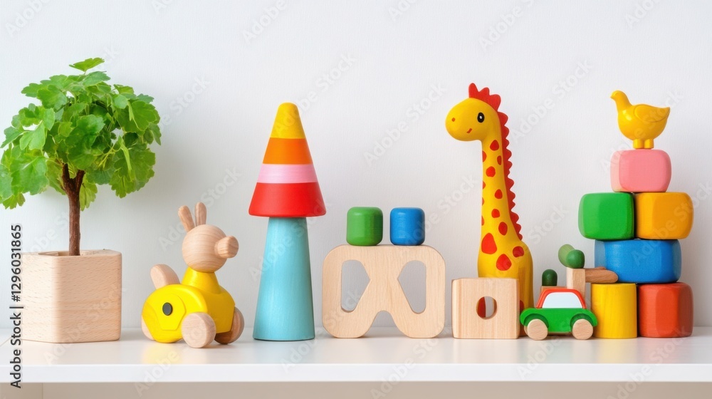 Obraz premium Wooden toys and plant on white shelf