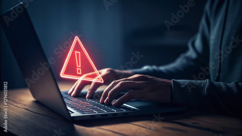 A person typing on a laptop, with a glowing warning symbol hovering above, suggesting a potential security alert or issue.