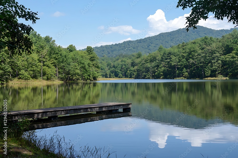 A peaceful mountain lake with a small pier extending into the still, mirror-like water A peaceful mountain lake with a small pier extending into the still, mirror-like water