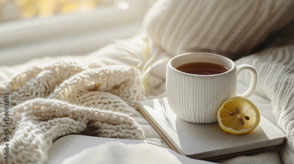 Cozy Tea Time: Warm Drink with Lemon on Bed Cozy Tea Time: Warm Drink with Lemon on Bed