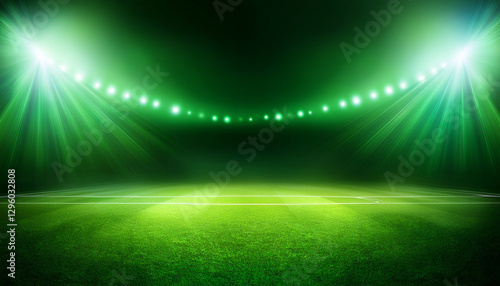 Abstract green football or soccer stadium with soft lighting background. Beautiful artistic flood lights surface illustration, competition game and spotlight beam.