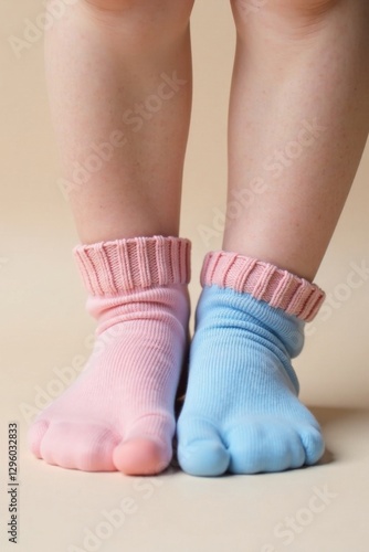 Tiny feet in soft pink and blue socks on a neutral background , baby, newborn, footprints