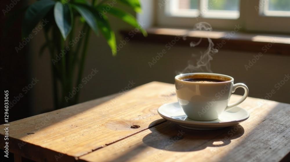 Aromatic Coffee Steam Rising from a White Cup on Rustic Wooden Table in Sunlight Aromatic Coffee Steam Rising from a White Cup on Rustic Wooden Table in Sunlight