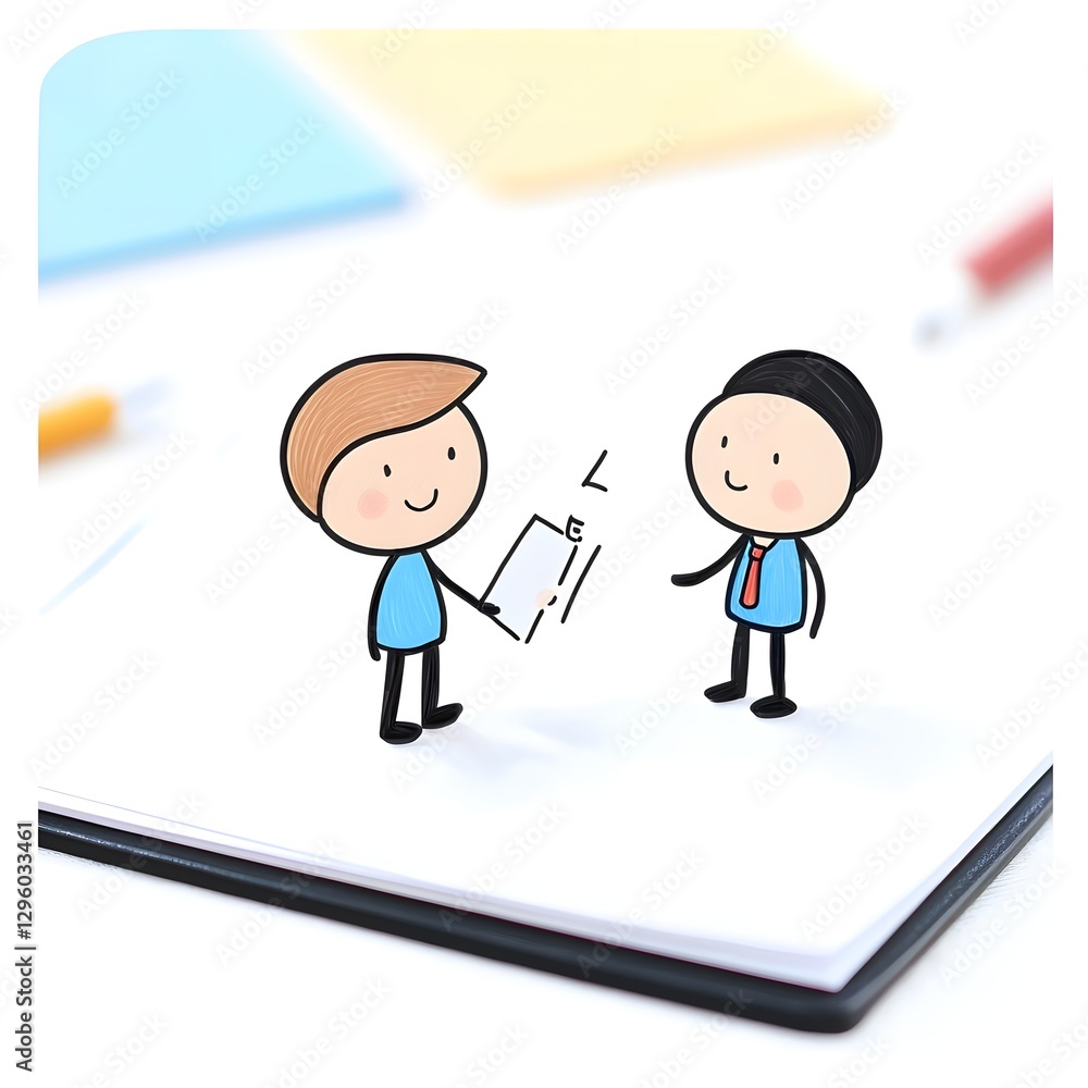 Simple Cartoon Figures Exchanging a Document on a Notebook Simple Cartoon Figures Exchanging a Document on a Notebook