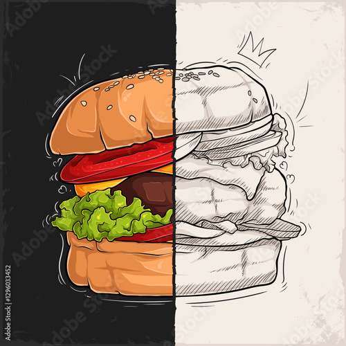 Hand drawn delicious oversized burger half sketch half solid colors on a vintage texture background