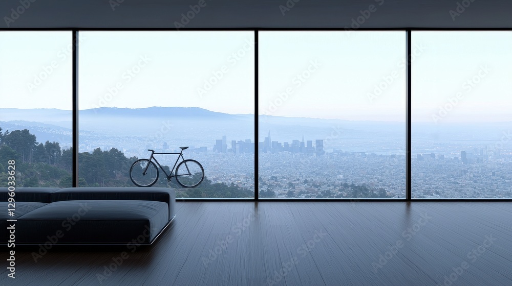 Naklejka premium Modern Interior with Bicycle and Stunning Cityscape View