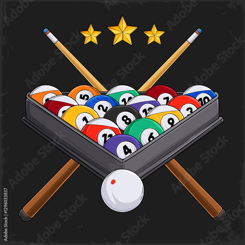 Hand drawn billiard eight balls rack with cues and white ball ready to break on a pool club