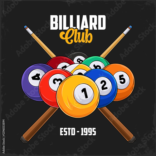 Hand drawn shiny billiard nine balls rack with cues ready to break for a pool club competition