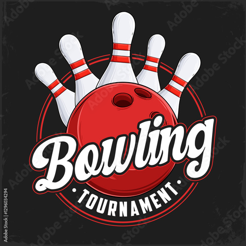 Hand drawn red bowling ball with white striped pins ready to strike for a bowling tournament event