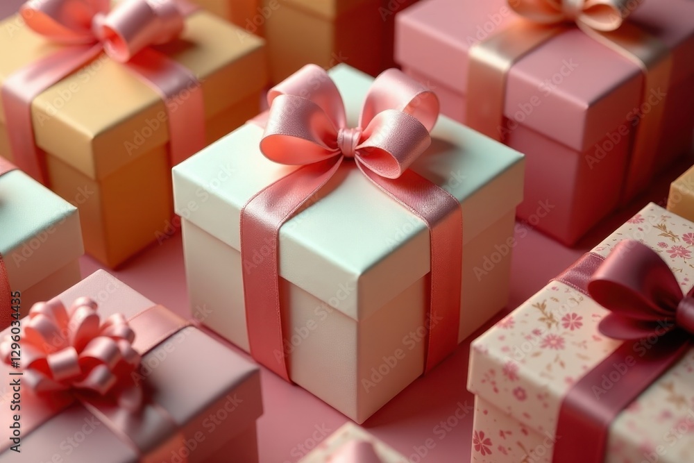 Obraz premium A Collection of Pastel-Colored Gift Boxes with Delicate Pink Ribbons, Arranged on a Soft Pink Surface