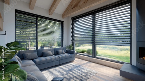 Modern Living Room with Stylish Window Blinds in Bright Atmosphere