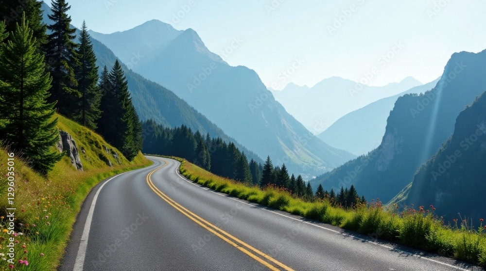 Serene Winding Road Through Majestic Mountain Range with Lush Greenery and Wildflowers Serene Winding Road Through Majestic Mountain Range with Lush Greenery and Wildflowers
