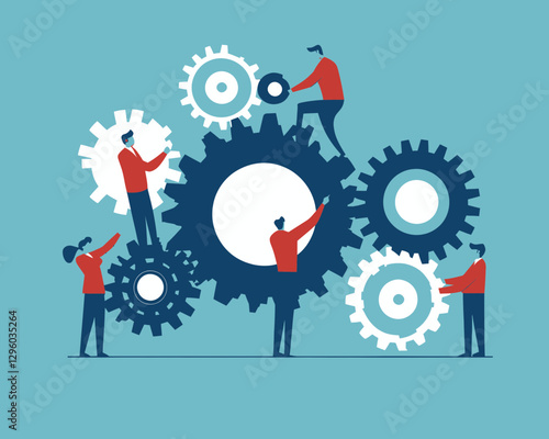 Business Leadership Driving Team Productivity and Efficiency, Smart Manager Rotating Cogwheels Gear, Flat Minimalist SVG Vector Concept