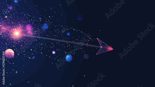 Futuristic Space Vector Arrow with Stars and Planets Conceptual Minimalist Business Growth and Direction Illustration
