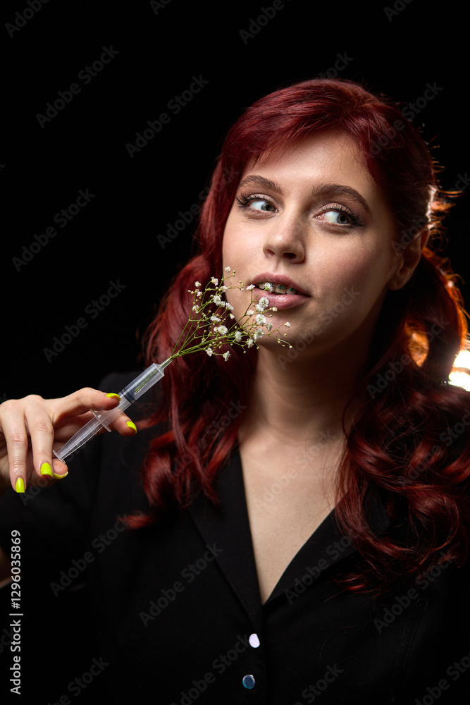 Woman with red hair, holding delicate white flowers in syringe, posing elegantly against dark background, artistic contrast concept