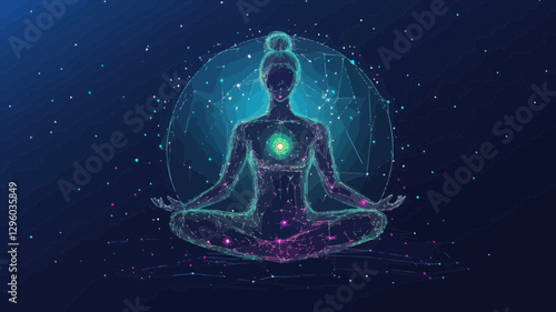 Digital Low Poly Yoga Woman in Lotus Position with Colorful Chakras on Earth Background, Meditation and Spiritual Wellness Concept Vector Illustration