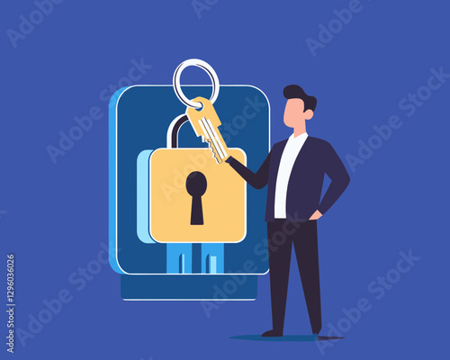 Businessman Holding Key for Secure Online Account Login with Strong Lock, Cybersecurity and Data Privacy Concept, Flat Minimalist Vector Illustration