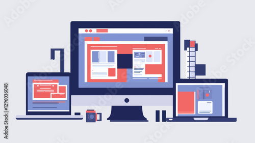 Responsive Web Design Development and Page Construction Illustration Featuring Different Devices