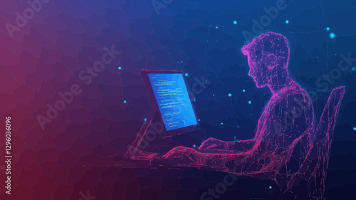 Low Poly Wireframe Person at Desktop PC for Software Development and Freelance Work - 3D Mesh Art Banner with Connected Dots