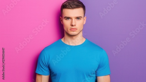 Young Male Model with Blue Shirt Against Colorful Background