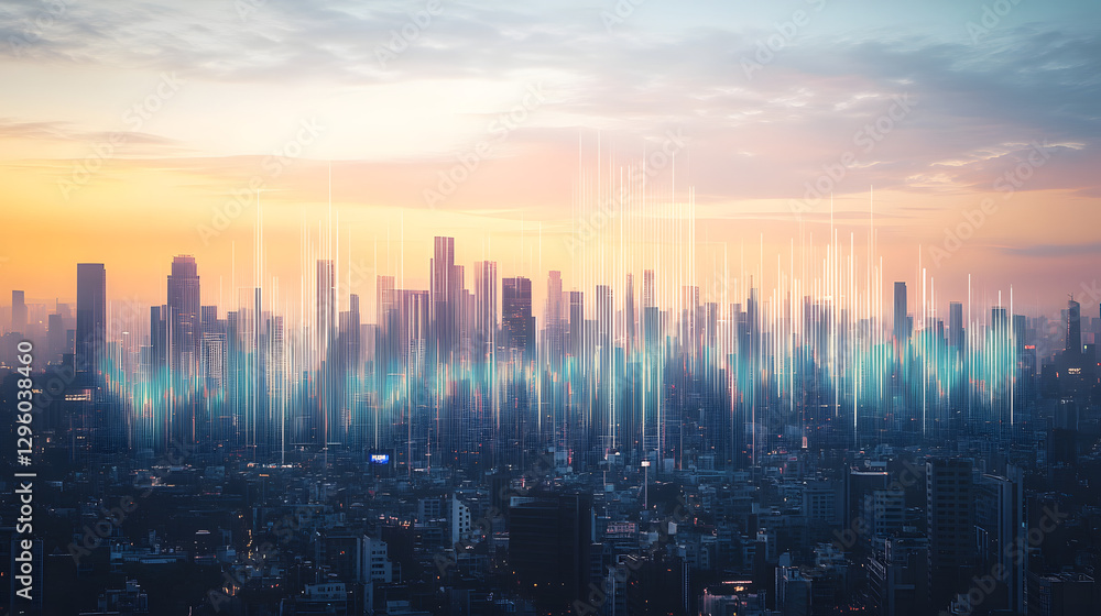 Fototapeta premium A city skyline with digital graphs and waves representing stock market trends 