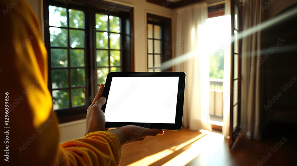 Fototapeta premium Person Holding a Tablet with Blank White Screen mockup, technology,screen display, white screen, mobile device, gadget, hands holding tablet.