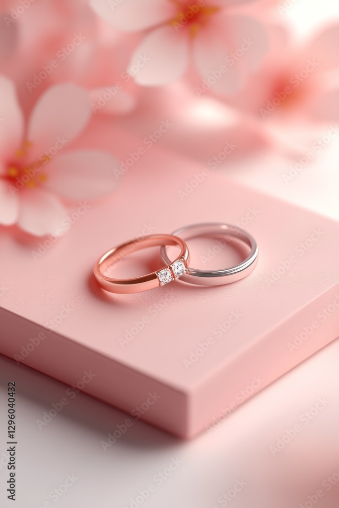 Two wedding rings with diamonds rest on a pink surface, soft pink flowers in the background. Two wedding rings with diamonds rest on a pink surface, soft pink flowers in the background.