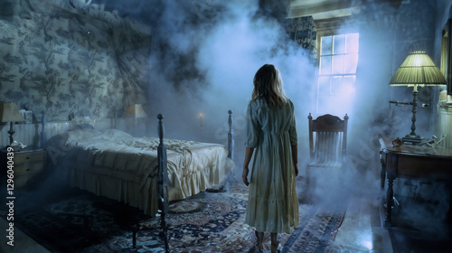 Woman in white nightgown standing in haunted bedroom filled with mysterious fog. Eerie atmosphere with period furniture, ornate wallpaper, and soft window light. 