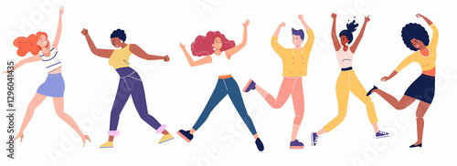 Flat illustration of multiple people dancing in different poses on a white background - vector style with flat colors and simple design.