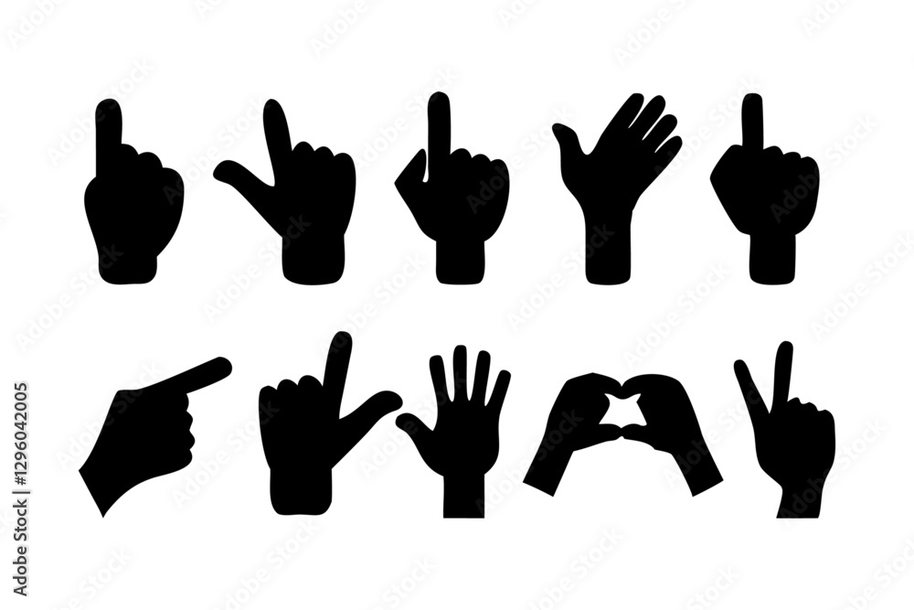 Fototapeta premium Black Silhouette Hand Gesture Icons Set – Pointing, Thumbs Up, OK Sign, Finger Counting, and More
