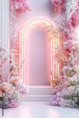 Pastel pink floral archway with neon lights. Perfect for weddings or product photography.