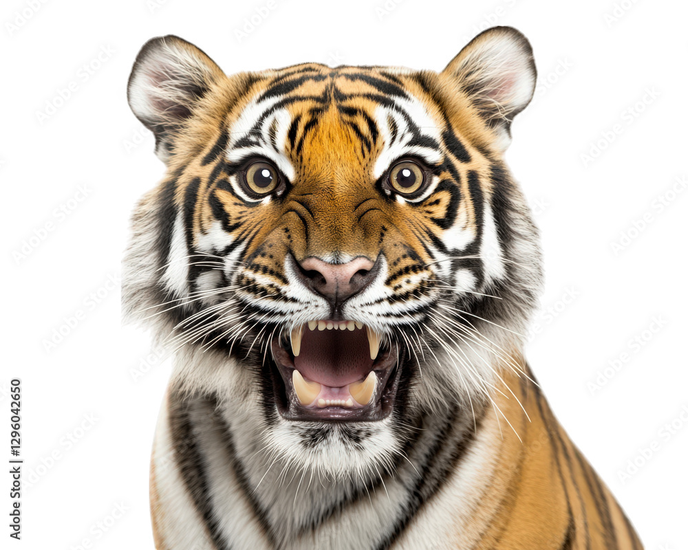 Realistic tiger face with fierce expression, showcasing sharp teeth and striking fur patterns. image captures wild essence of this majestic animal Realistic tiger face with fierce expression, showcasing sharp teeth and striking fur patterns. image captures wild essence of this majestic animal