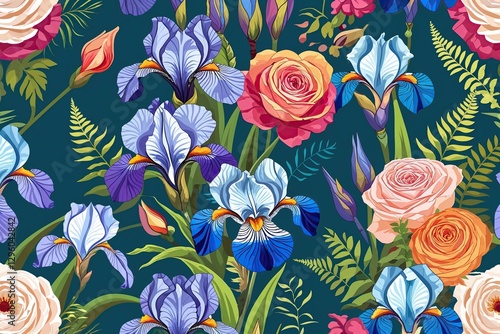 Colorful Floral Design Featuring Irises Roses and Ferns on Teal Background