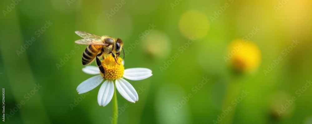 Yellow bee hovering above a single white flower, insects, flowers, garden Yellow bee hovering above a single white flower, insects, flowers, garden