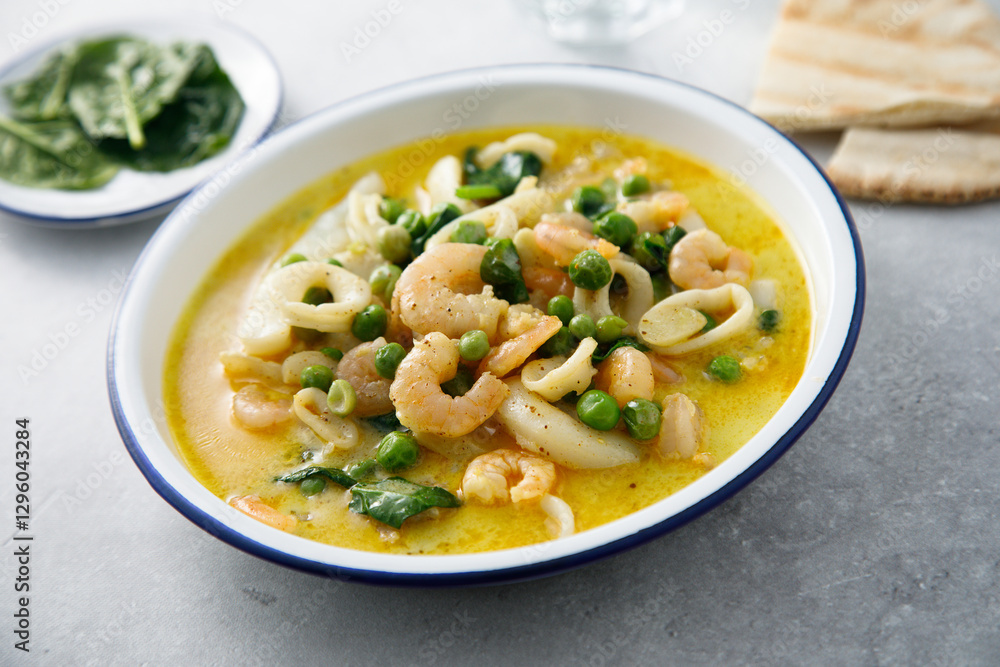 Seafood curry with green pea and spinach Seafood curry with green pea and spinach