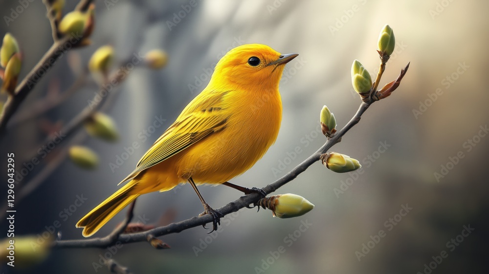 Yellow warbler perched on a budding tree branch in soft natural light, detailed feathers and smooth blurred background Yellow warbler perched on a budding tree branch in soft natural light, detailed feathers and smooth blurred background