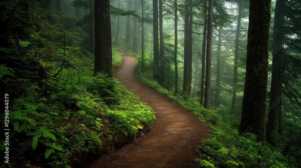 Fototapeta premium Misty Forest Path: A Serene Hike Through Lush Green Woods