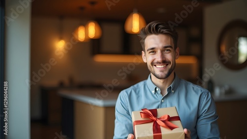 photograph of a handsome young man holding a wrapped gift box