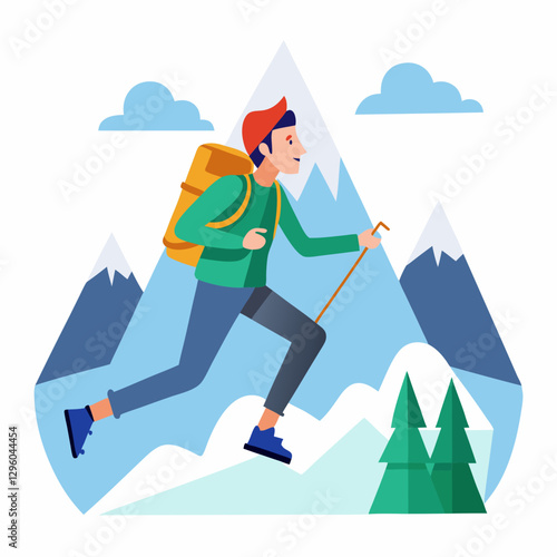Mountain climber joyfully hiking in a snowy mountain landscape