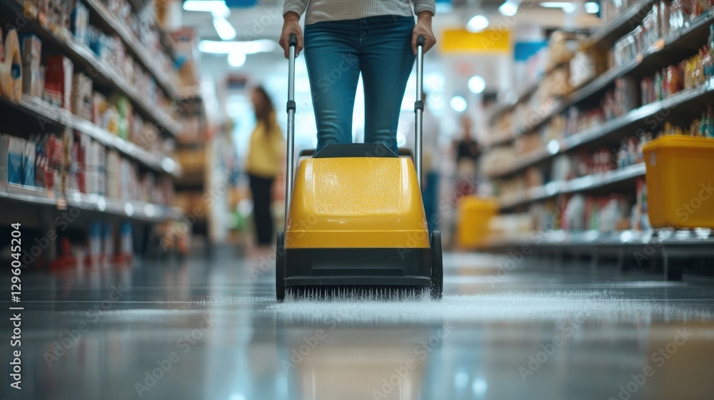 Woman using a floor sweeper in a supermarket aisle. Woman using a floor sweeper in a supermarket aisle.