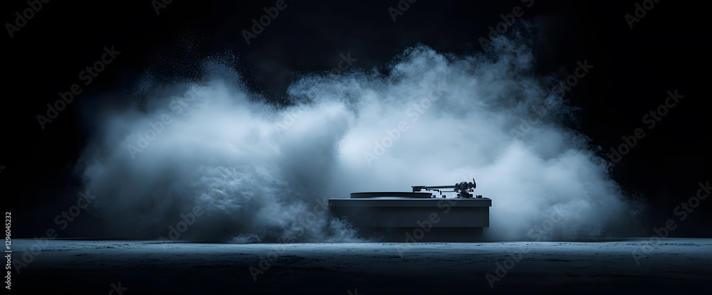 Fototapeta premium Mysterious turntable engulfed in ethereal blue smoke; dramatic, artistic, abstract music concept.