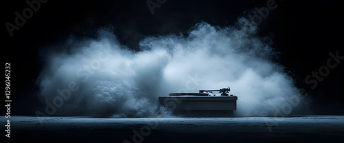 Mysterious turntable engulfed in ethereal blue smoke; dramatic, artistic, abstract music concept.
