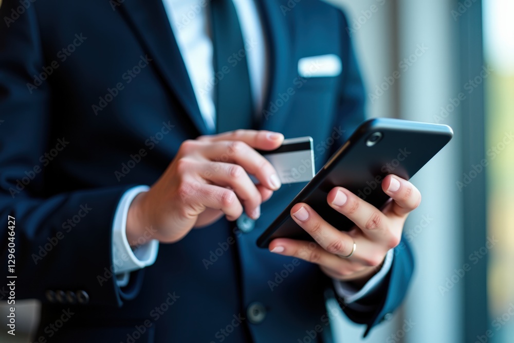 A Professional Middle-Aged Man in a Suit Using a Smartphone to Make a Payment with a Credit Card Indoors in an Urban Environment A Professional Middle-Aged Man in a Suit Using a Smartphone to Make a Payment with a Credit Card Indoors in an Urban Environment