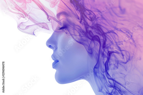 Mystical Contemplation: An ethereal portrait of a woman's profile with closed eyes, enveloped in wisps of colorful, flowing smoke, hinting at deep thought and inner serenity. 