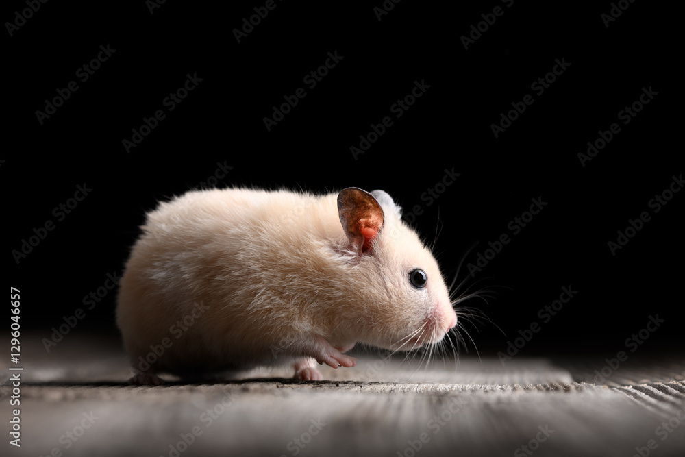 White and beige Syrian hamster on wooden table on black background White and beige Syrian hamster on wooden table on black background