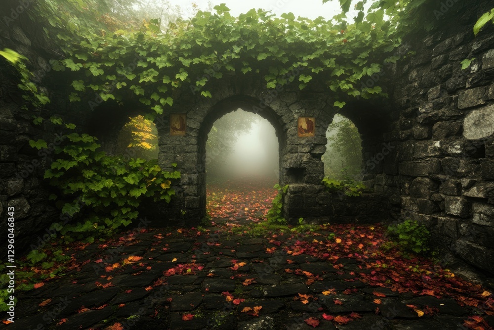 Fototapeta premium Ancient stone archway enveloped in lush greenery and misty atmos