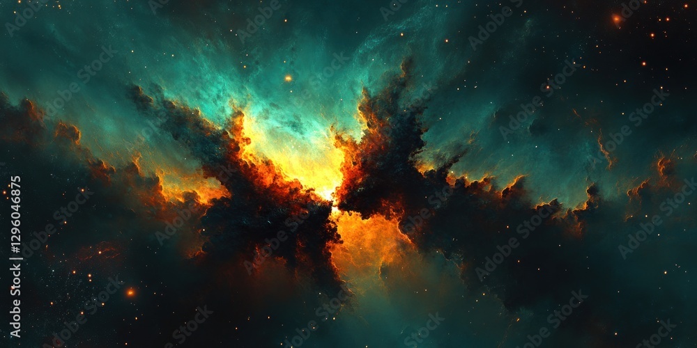 Naklejka premium Celestial Nebula Fiery Orange And Teal Hues