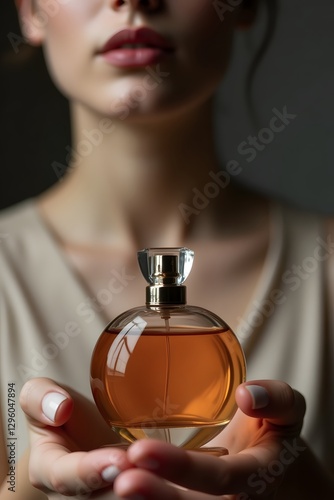 A close-up of a woman holding a bottle of perfume	