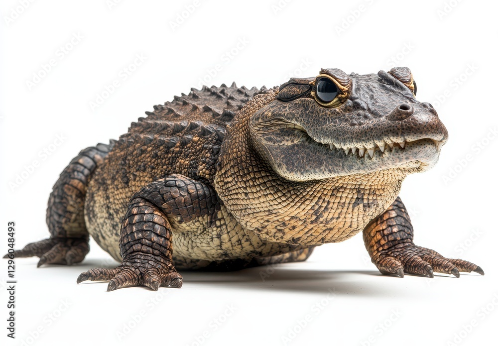 Naklejka premium Detailed Close-Up of a Unique Crocodilian Creature with Distinctive Features and Textured Skin on a Pure White Background
